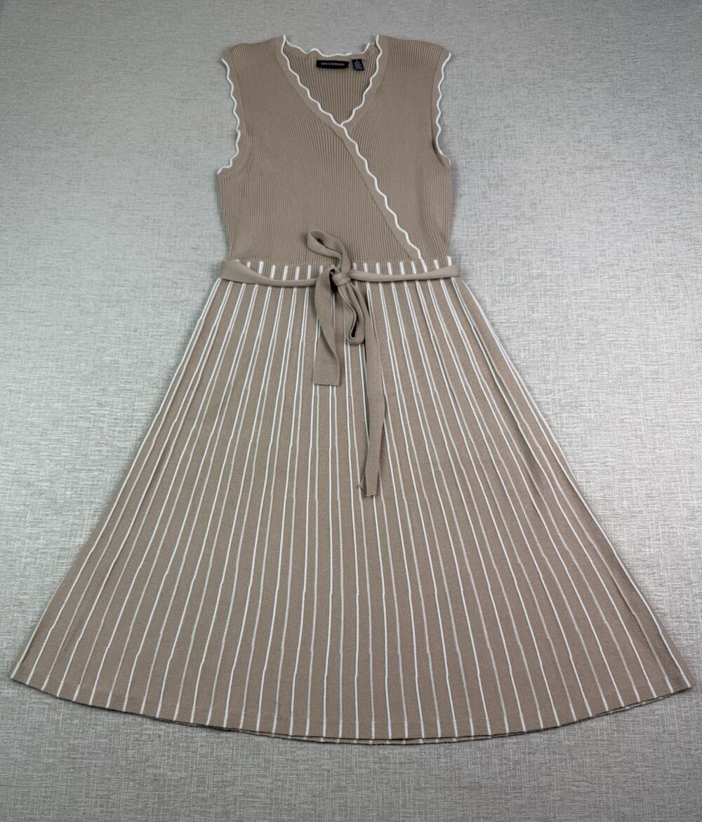 Nina Leonard Women’s S Beige Ribbed Knit Faux Wrap Belted Midi Dress